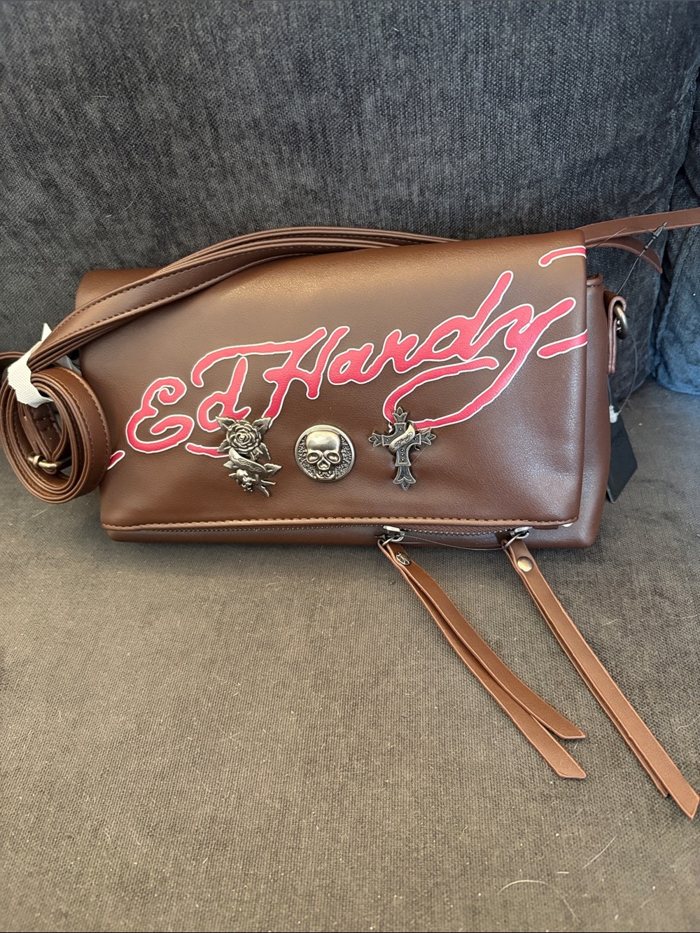 Ed Hardy Brown Crossbody with Pink Script and Metal Charms